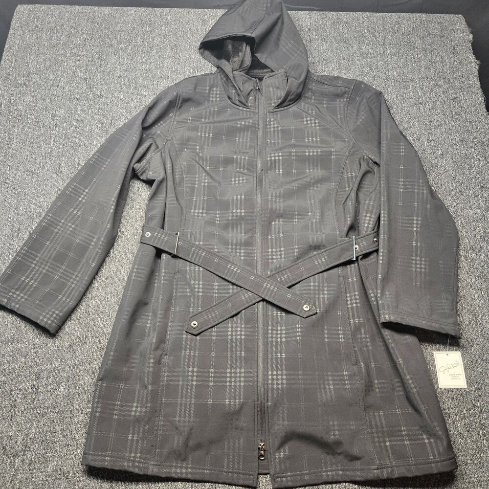 Jaclyn Smith Woman Hooded Plaid Coat Women’s 3X Belted Zip Front Black NWT